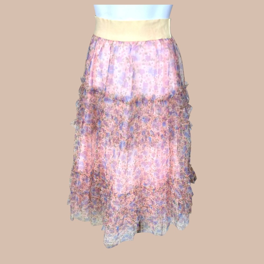 Dixie NWT SZ LGE floral tulle ruffled midi skirt , pinks yellow ,lavender floral